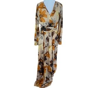 Baltic Born Lydia Floral Wrap Maxi Dress Long Sleeve Boho Yellow Brown Size L